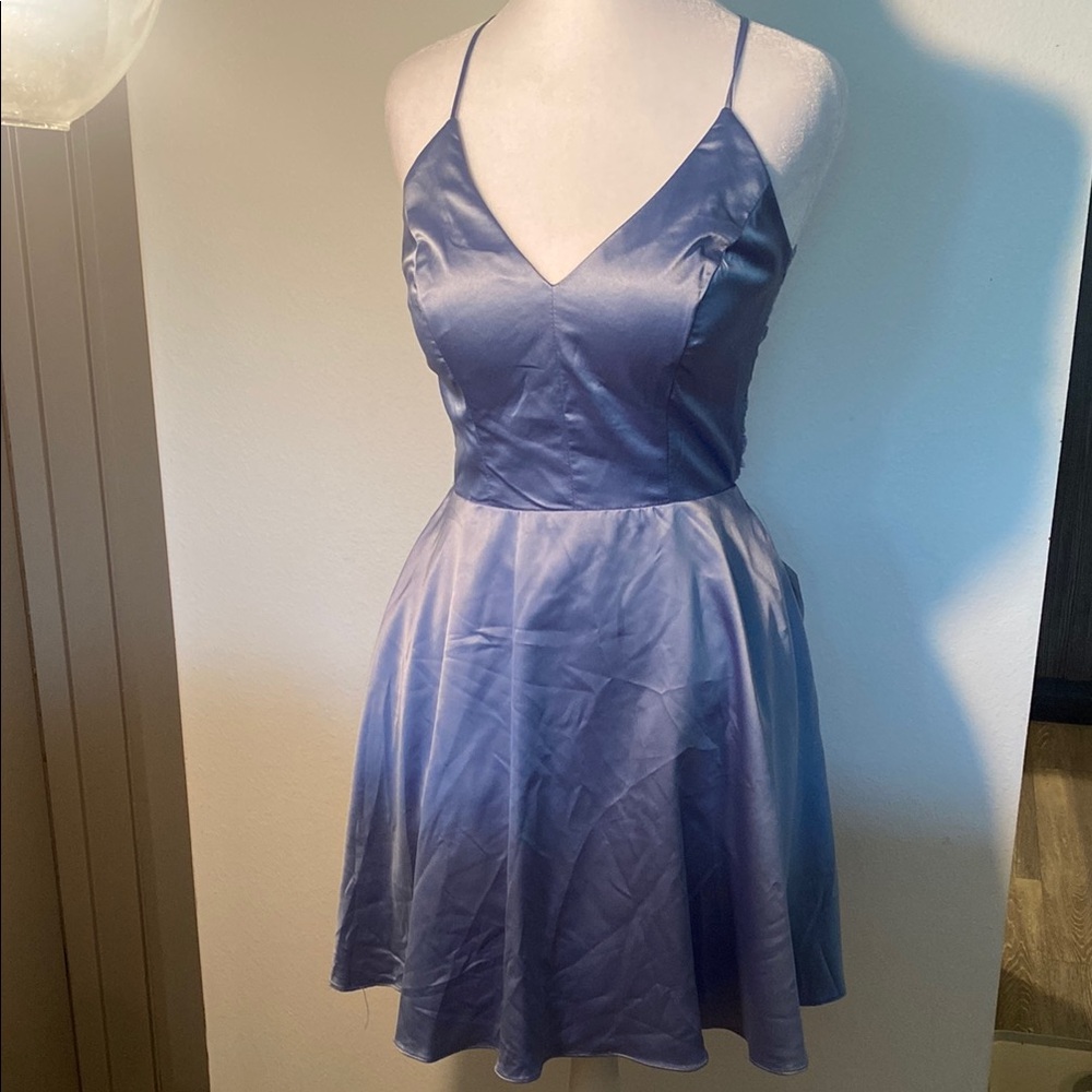 B.Darlin Blue Satin Dress Lace Cut-Out Back Spaghetti Straps Sz 1/2 NWT